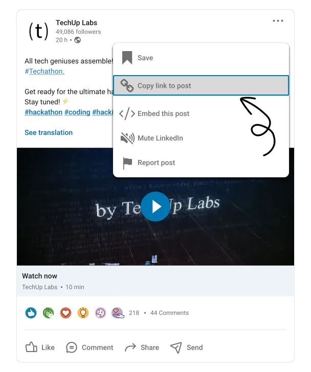 Second screenshot showing how to copy the URL from the video post on LinkedIn.